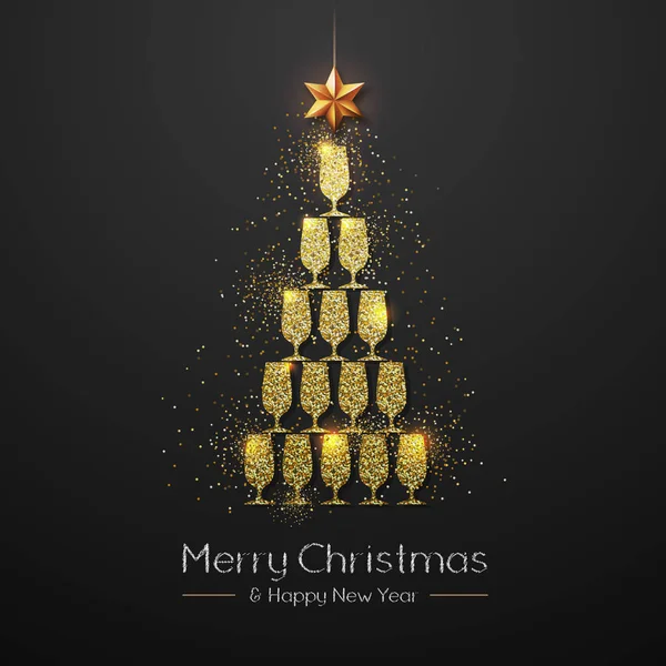 Kerst Poster Met Gouden Champagne Glas Gouden Kerstboom — Stockvector