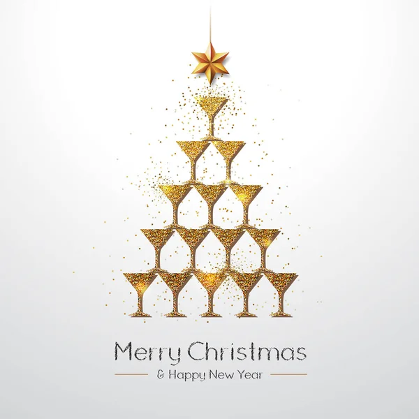 Weihnachtsposter Mit Goldenem Champagnerglas Goldener Weihnachtsbaum Auf Weißem Hintergrund — Stockvektor