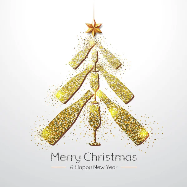 Christmas Poster Golden Champagne Glass Bottle Golden Christmas Tree White — Stock Vector