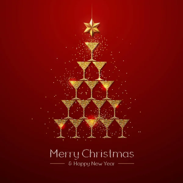 Christmas Poster Golden Champagne Glass Golden Christmas Tree Red Background — Stock Vector