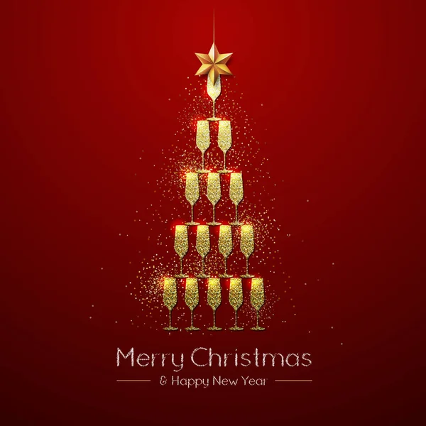 Christmas Poster Golden Champagne Glass Golden Christmas Tree Red Background — Stock Vector