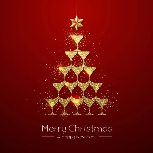 Kerst Poster Met Gouden Champagne Glas Gouden Kerstboom Rode Achtergrond — Stockvector