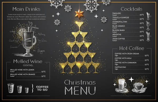 Diseño Menú Navideño Con Copas Champán Dorado Menú Del Restaurante — Vector de stock