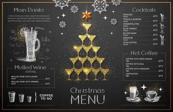 Kerstmenu Ontwerp Met Gouden Champagneglazen Het Menu Van Het Restaurant — Stockvector