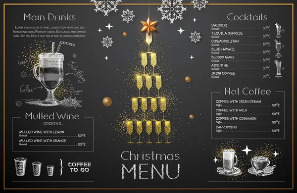 Kerstmenu Ontwerp Met Gouden Champagneglazen Het Menu Van Het Restaurant — Stockvector