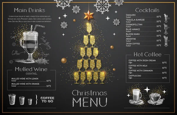 Χριστουγεννιάτικο Μενού Σχεδίαση Χρυσά Ποτήρια Σαμπάνια Μενού Εστιατορίου Πυραμίδα Από — Διανυσματικό Αρχείο