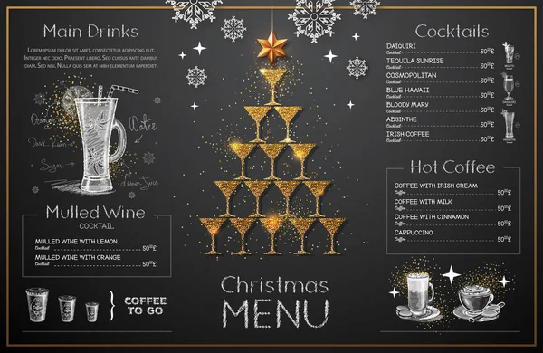 Conception Menu Noël Avec Verres Champagne Dorés Menu Restaurant Pyramide — Image vectorielle