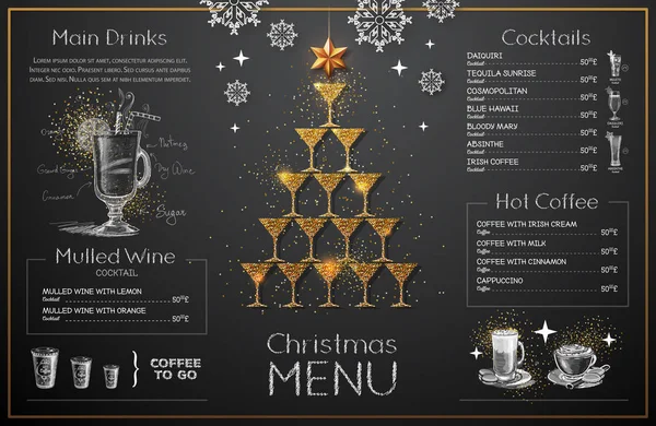 Conception Menu Noël Avec Verres Champagne Dorés Menu Restaurant Pyramide — Image vectorielle