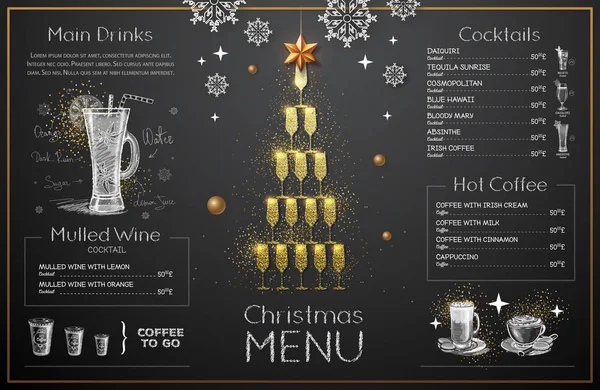 Conception Menu Noël Avec Verres Champagne Dorés Menu Restaurant Pyramide — Image vectorielle