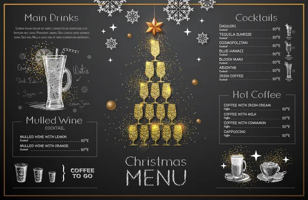 Diseño Menú Navideño Con Copas Champán Dorado Menú Del Restaurante — Vector de stock