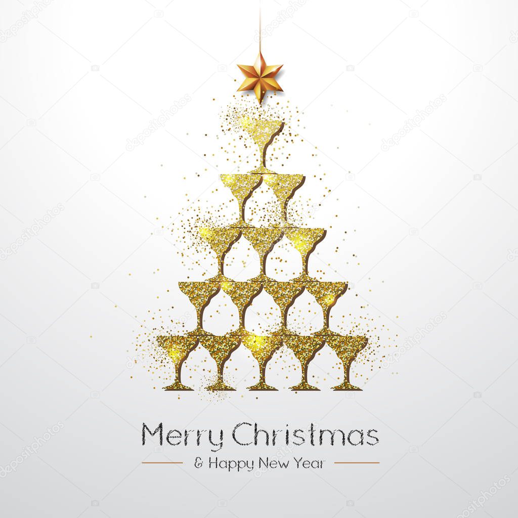 Christmas poster with golden champagne glass. Golden Christmas tree on white background