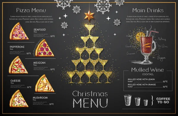 Conception Menu Noël Avec Verres Champagne Dorés Menu Restaurant Pyramide — Image vectorielle