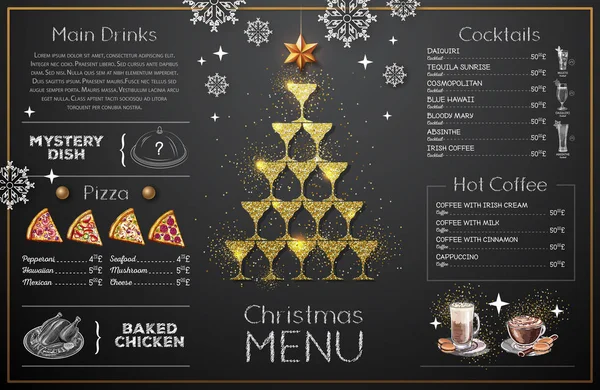 Дизайн Рождественского Меню Золотыми Бокалами Шампанского Меню Ресторана Пирамида Бокалов — стоковый вектор