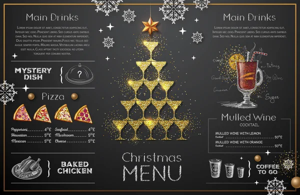 Дизайн Різдвяного Меню Золотими Келихами Шампанського Меню Ресторану Піраміда Келихів — стоковий вектор