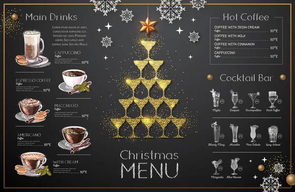 Diseño Menú Navideño Con Copas Champán Dorado Menú Del Restaurante — Vector de stock