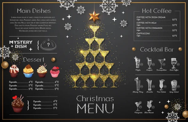 Diseño Menú Navideño Con Copas Champán Dorado Menú Del Restaurante — Vector de stock