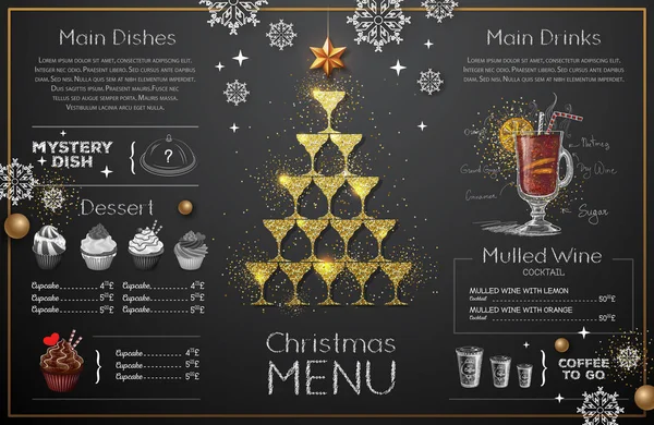 Diseño Menú Navideño Con Copas Champán Dorado Menú Del Restaurante — Vector de stock