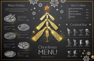 Christmas menu design with golden champagne glasses. Restaurant menu. Pyramid of champagne glasses clipart