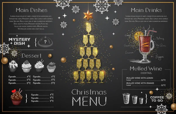 Conception Menu Noël Avec Verres Champagne Dorés Menu Restaurant Pyramide — Image vectorielle