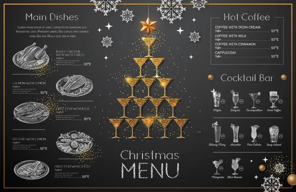 Weihnachtsmenü Mit Goldenen Sektgläsern Restaurantkarte Pyramide Aus Sektgläsern — Stockvektor