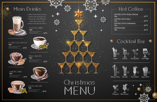 黄金のシャンパン グラスでクリスマス メニューをデザインします レストランのメニュー シャンパン グラスのピラミッド — ストックベクタ
