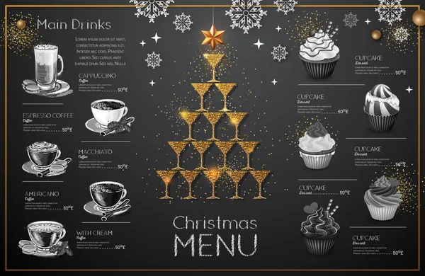 Design Menu Natal Com Taças Champanhe Dourado Menu Restaurante Pirâmide — Vetor de Stock