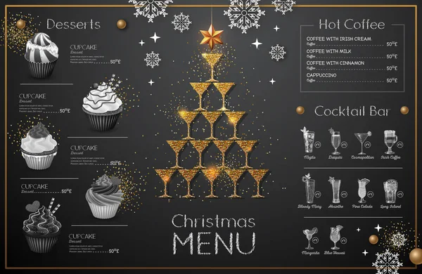 黄金のシャンパン グラスでクリスマス メニューをデザインします レストランのメニュー シャンパン グラスのピラミッド — ストックベクタ