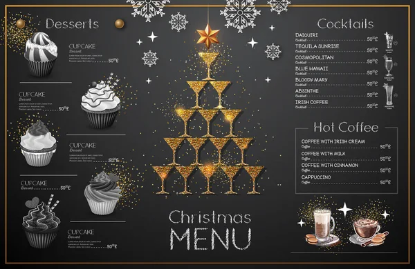 Christmas Menu Design Golden Champagne Glasses Restaurant Menu Pyramid Champagne — Stock Vector