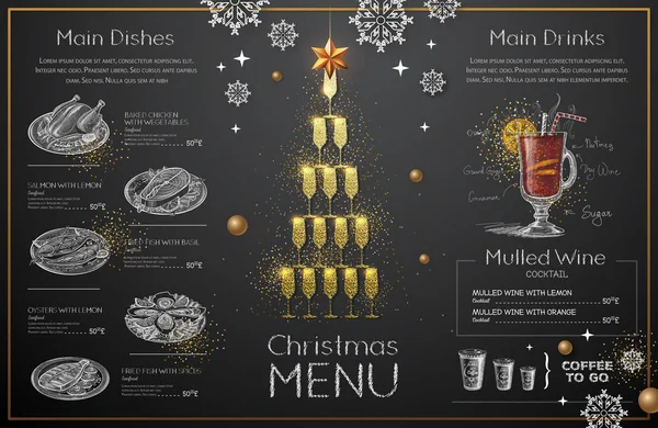 Conception Menu Noël Avec Verres Champagne Dorés Menu Restaurant Pyramide — Image vectorielle
