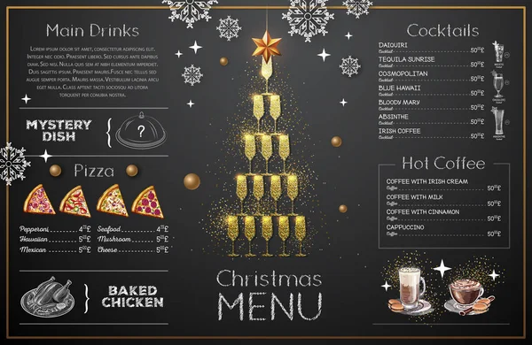 Diseño Menú Navideño Con Copas Champán Dorado Menú Del Restaurante — Vector de stock