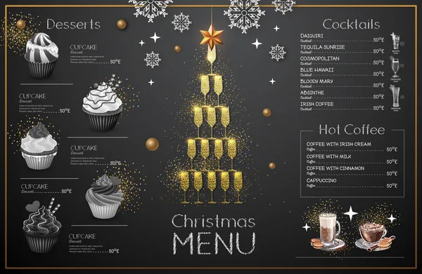 Conception Menu Noël Avec Verres Champagne Dorés Menu Restaurant Pyramide — Image vectorielle