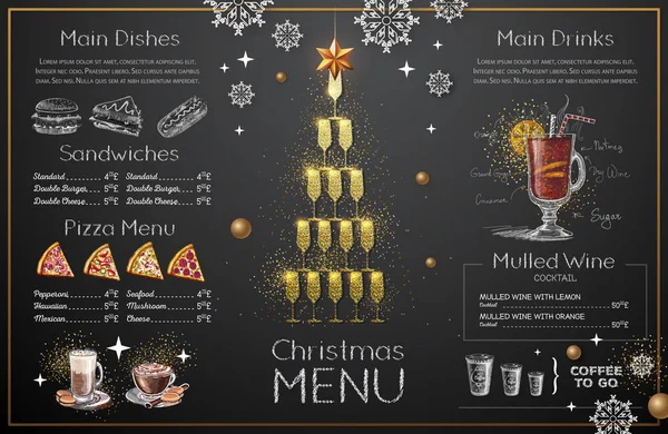 Diseño Menú Navideño Con Copas Champán Dorado Menú Del Restaurante — Vector de stock