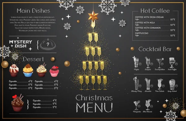 Diseño Menú Navideño Con Copas Champán Dorado Menú Del Restaurante — Vector de stock