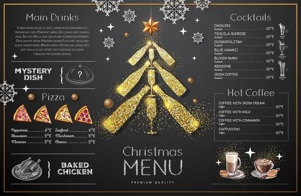 Diseño Menú Navideño Con Copas Champán Dorado Menú Del Restaurante — Vector de stock