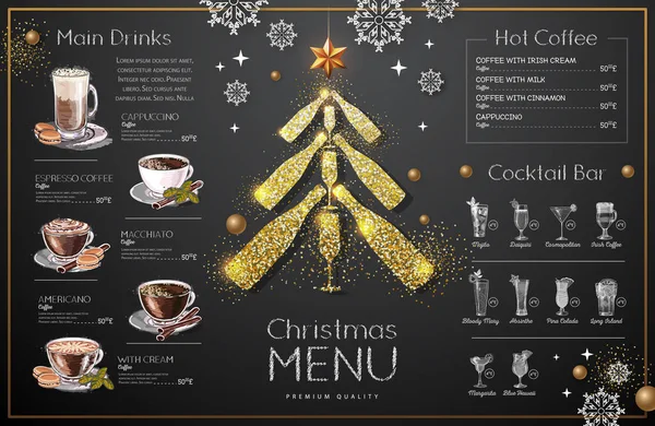 Diseño Menú Navideño Con Copas Champán Dorado Menú Del Restaurante — Vector de stock