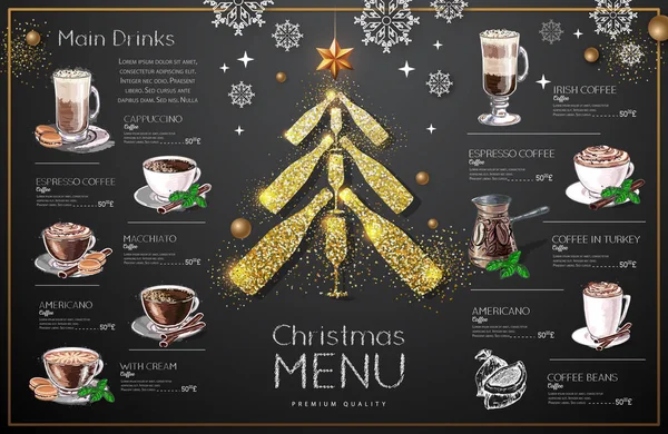 Diseño Menú Navideño Con Copas Champán Dorado Menú Del Restaurante — Vector de stock