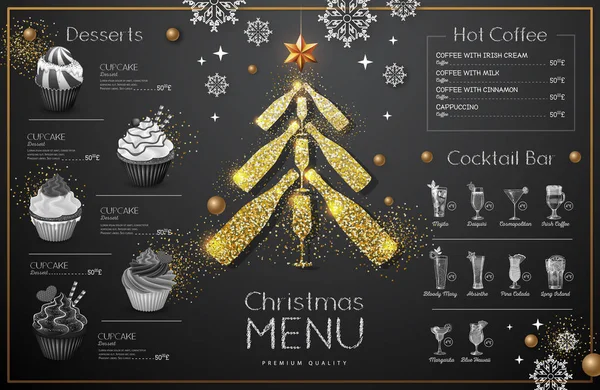 Conception Menu Noël Avec Verres Champagne Dorés Menu Restaurant Pyramide — Image vectorielle