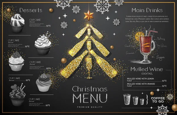 Kerstmenu Ontwerp Met Gouden Champagneglazen Het Menu Van Het Restaurant — Stockvector