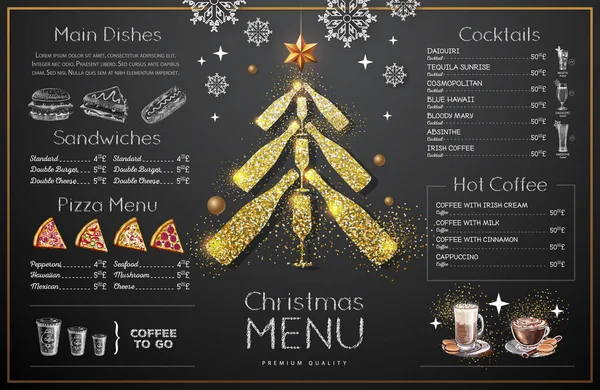 Kerstmenu Ontwerp Met Gouden Champagneglazen Het Menu Van Het Restaurant — Stockvector