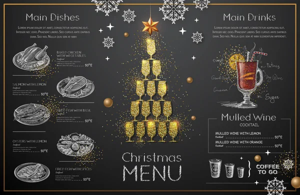 Jul Menyn Design Med Gyllene Champagneglas Restaurangens Meny Pyramid Champagneglas — Stock vektor