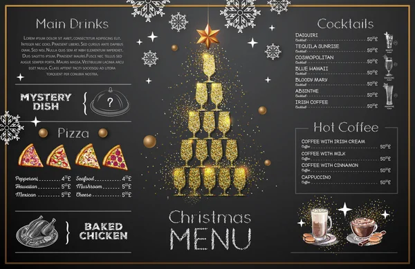 Weihnachtsmenü Mit Goldenen Sektgläsern Restaurantkarte Pyramide Aus Sektgläsern — Stockvektor