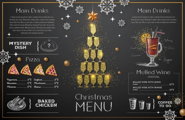 Kerstmenu Ontwerp Met Gouden Champagneglazen Het Menu Van Het Restaurant — Stockvector