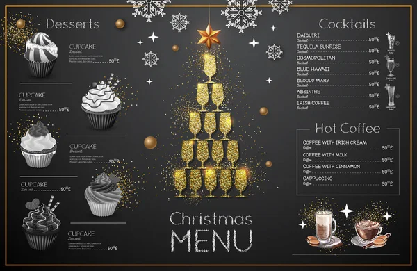 Kerstmenu Ontwerp Met Gouden Champagneglazen Het Menu Van Het Restaurant — Stockvector