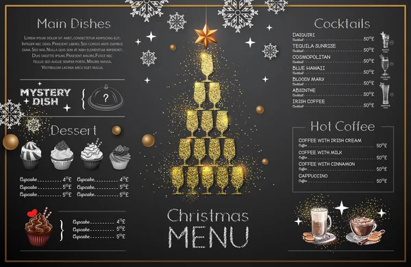 Design Menu Natal Com Taças Champanhe Dourado Menu Restaurante Pirâmide — Vetor de Stock