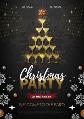 Christmas party poster with golden champagne glasses. Golden Christmas tree on red background clipart