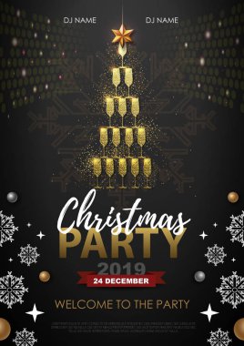 Christmas party poster with golden champagne glasses. Golden Christmas tree on red background clipart