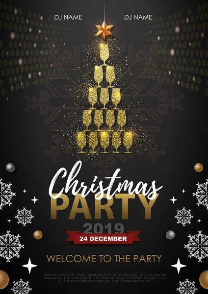 Christmas Party Affisch Med Gyllene Champagneglas Gyllene Julgran Röd Bakgrund — Stock vektor