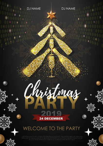 Christmas Party Affisch Med Gyllene Champagne Flaskor Gyllene Julgran Röd — Stock vektor