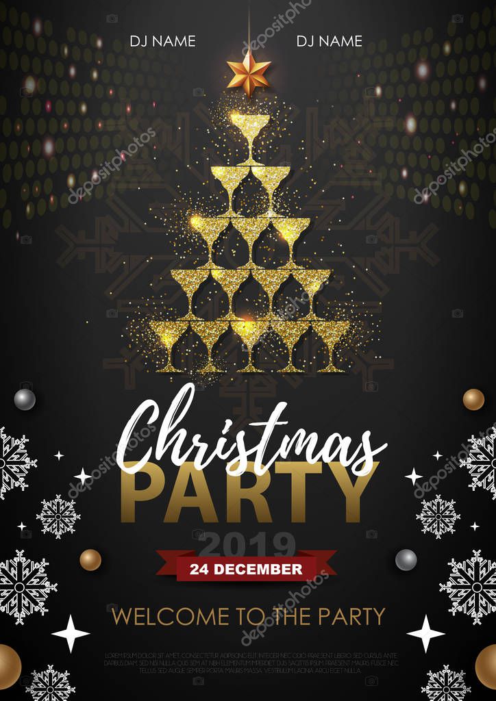 Christmas party poster with golden champagne glasses. Golden Christmas tree on red background