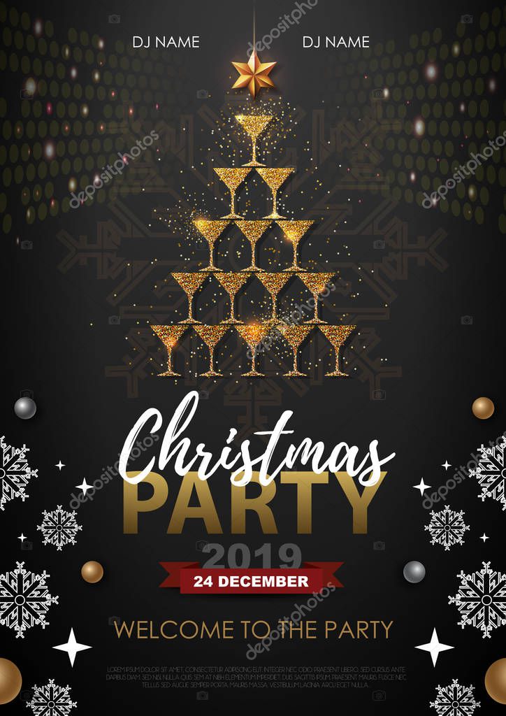 Christmas party poster with golden champagne glasses. Golden Christmas tree on red background